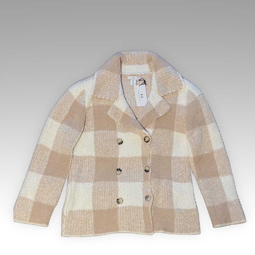 H by Halston Beige Plaid Fuzzy Soft Double Breasted Teddy Jacket Size: L